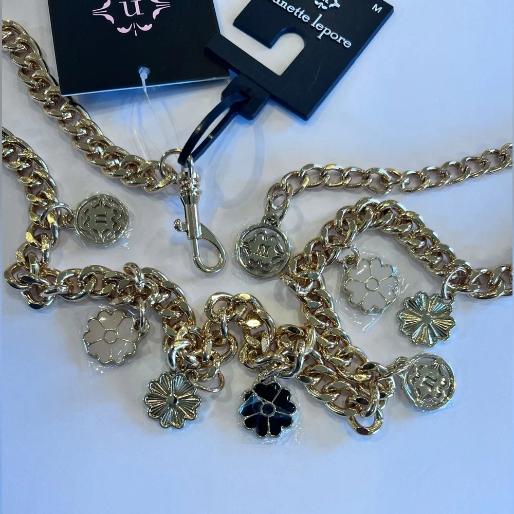 Nanette Lepore Gold tone Black Cream Flower Charm Chain Belt NWT
